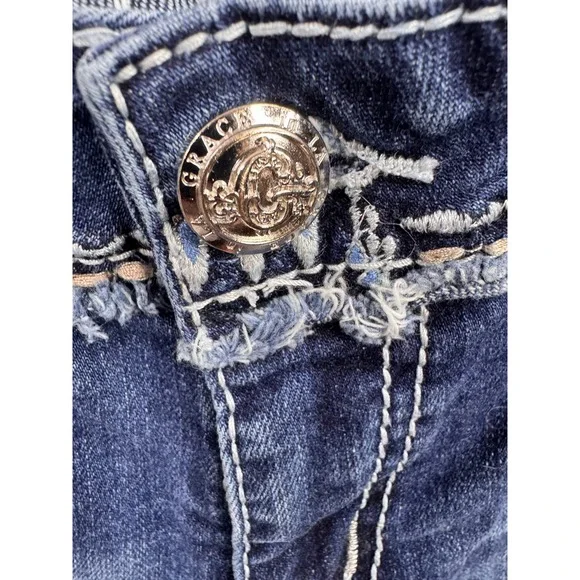 Grace in LA Bootcut Jeans Womens Blue Embroidered Sequin Feather Distressed 31 - Picture 6 of 10